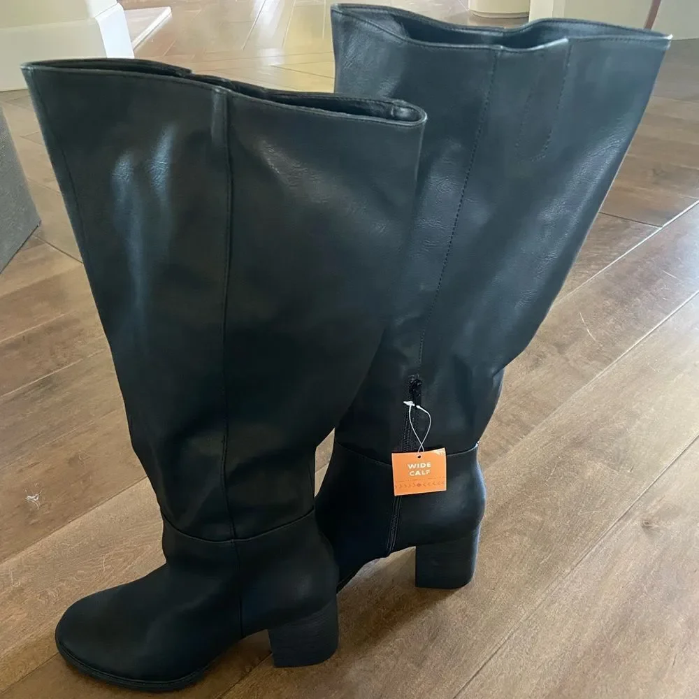 Zodiac Riona Knee High Black Boot, Stacked Heel, Sz 11 Wide Calf
